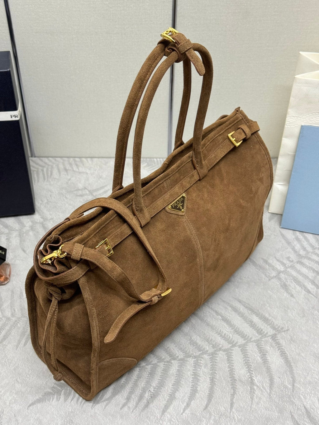 PRADA TOTE BAG WITH BELT 42 IN RUSSET BROWN SUEDE GOLD HARDWARE