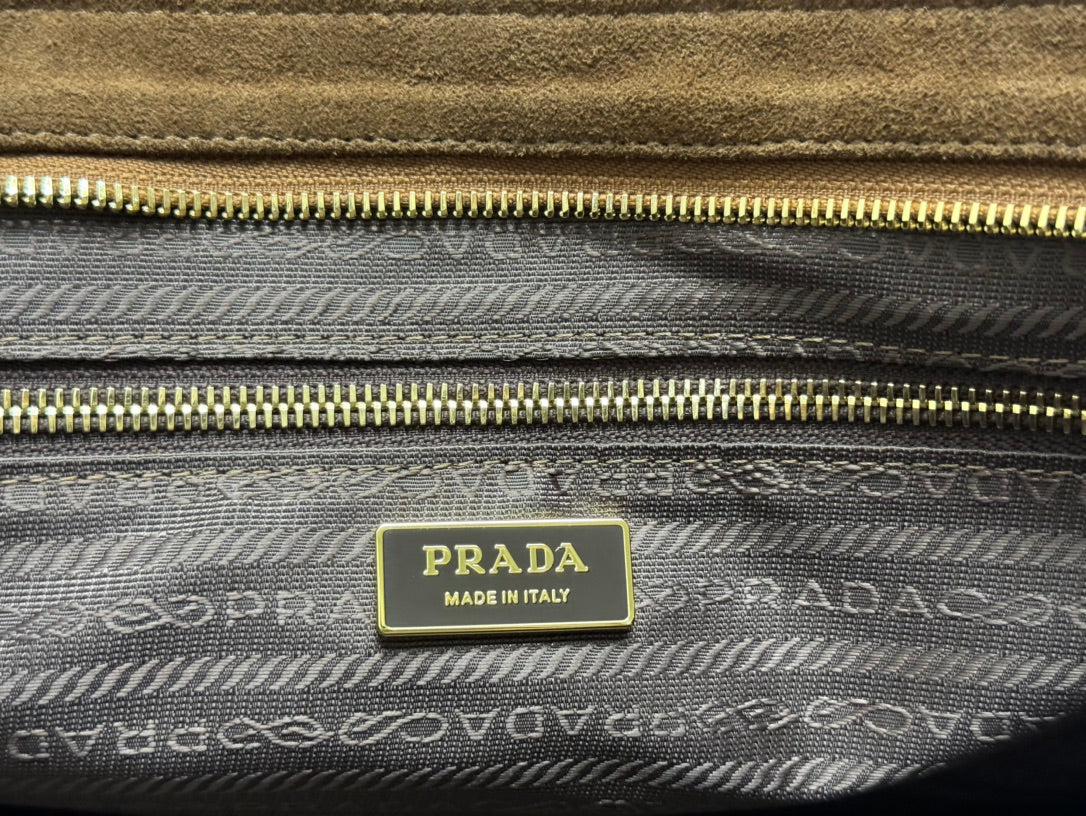 PRADA TOTE BAG WITH BELT 42 IN RUSSET BROWN SUEDE GOLD HARDWARE