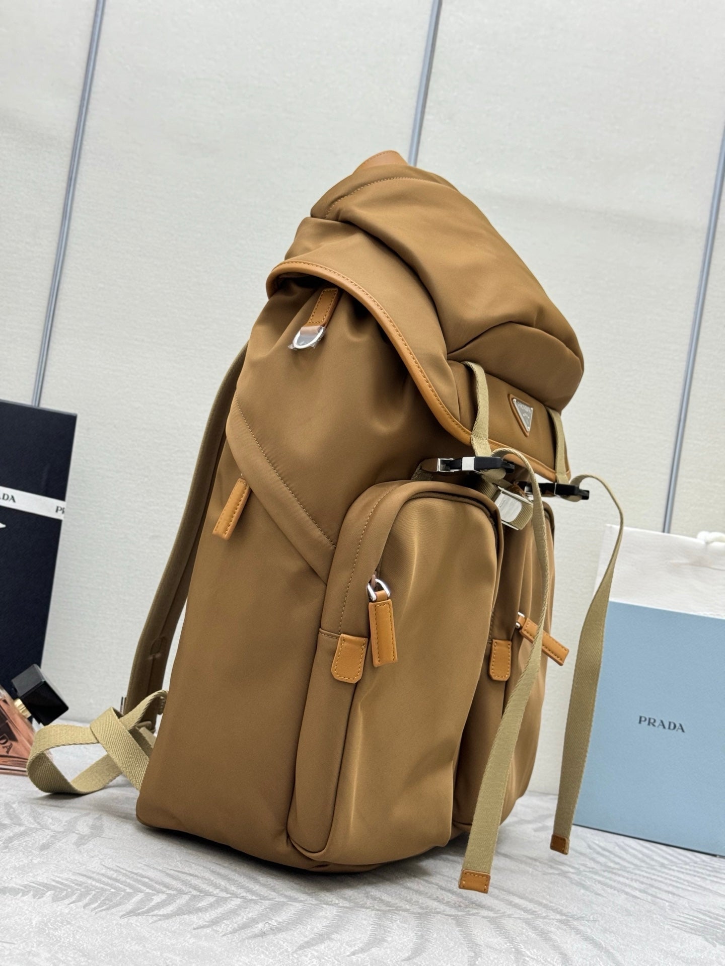 PRADA 25S RE-EDITION 1978 RE-NYLON BACKPACK 52 IN BROWN SILVER HARDWARE