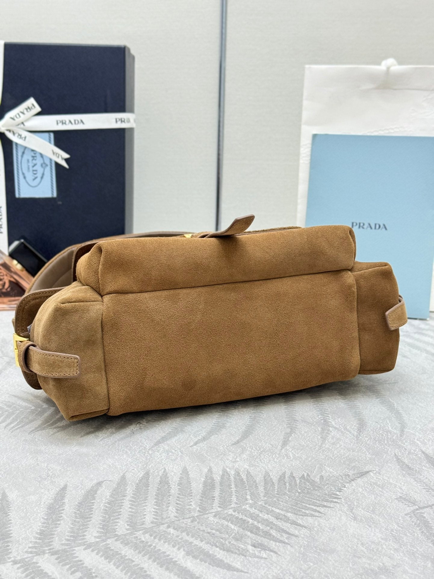 PRADA 25S EXPLORE MEDIUM SHOULDER BAG 30 IN CINNAMON SUEDE WITH FLAP