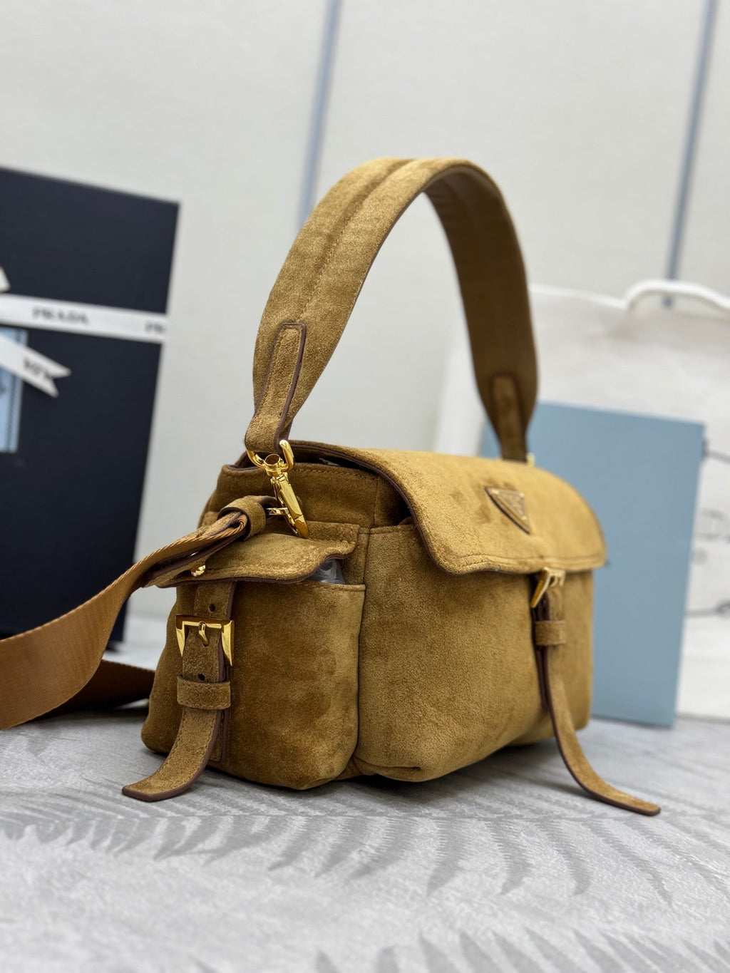 PRADA 25S EXPLORE MEDIUM SHOULDER BAG 30 IN RK GOLDEN BROWN SUEDE WITH FLAP