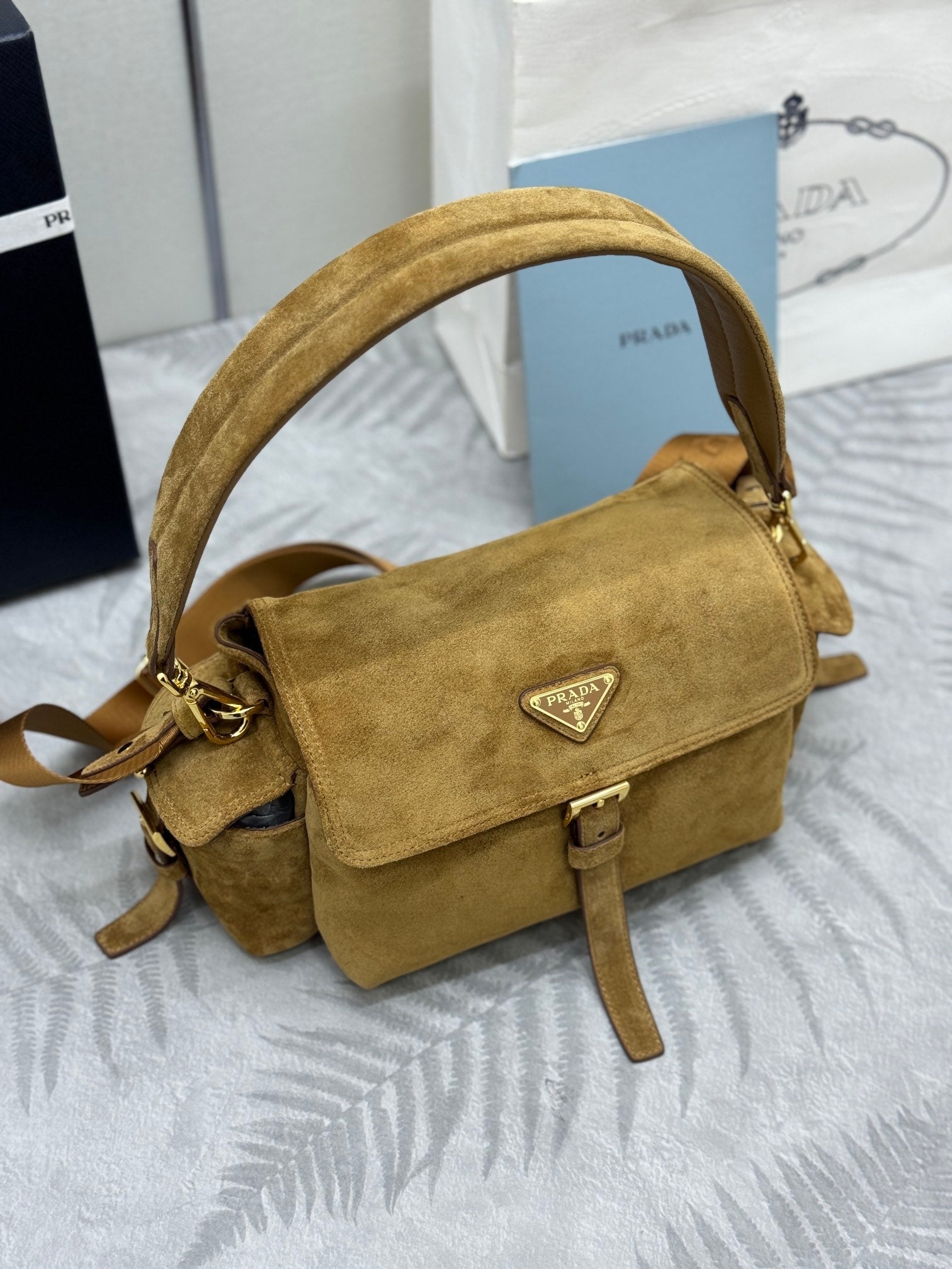 PRADA 25S EXPLORE MEDIUM SHOULDER BAG 30 IN RK GOLDEN BROWN SUEDE WITH FLAP