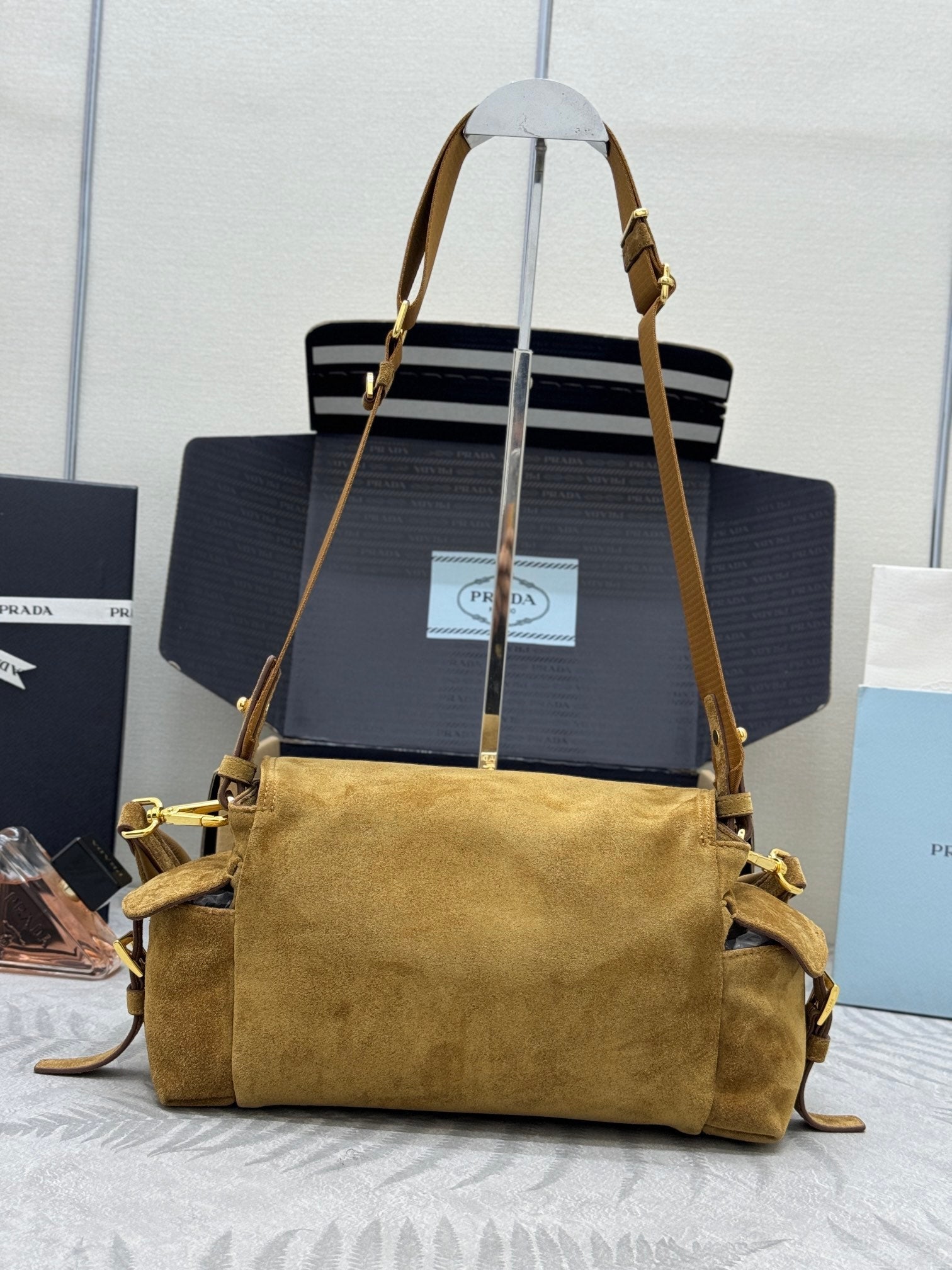 PRADA 25S EXPLORE MEDIUM SHOULDER BAG 30 IN RK GOLDEN BROWN SUEDE WITH FLAP