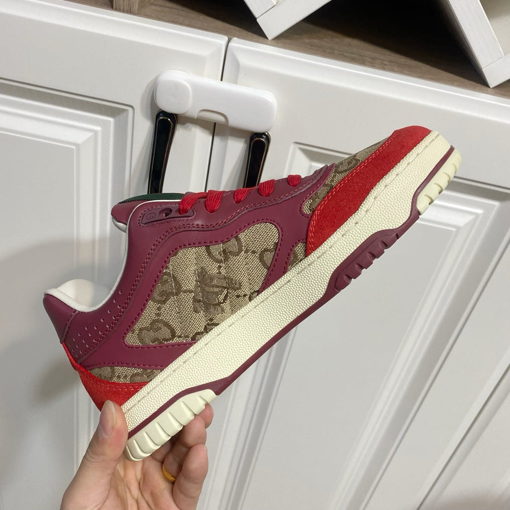 GUCCI 26S RE-WEB TRAINER SNEAKERS IN RED CALFSKIN AND BEIGE CANVAS