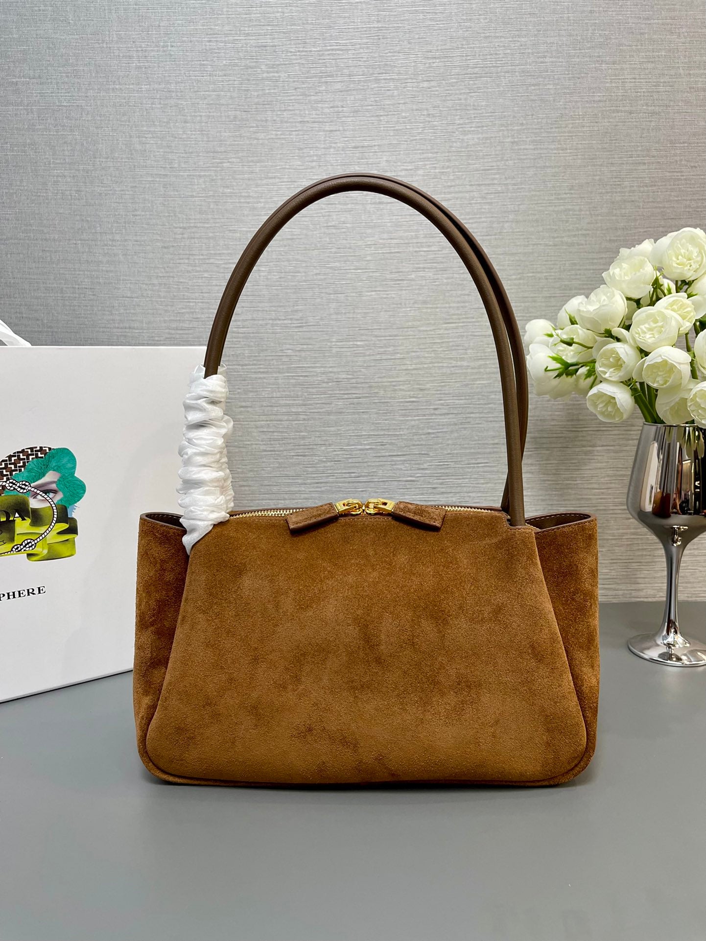 PRADA SHOULDER BAG 28 IN TAWNY BROWN SUEDE GOLD LOGO