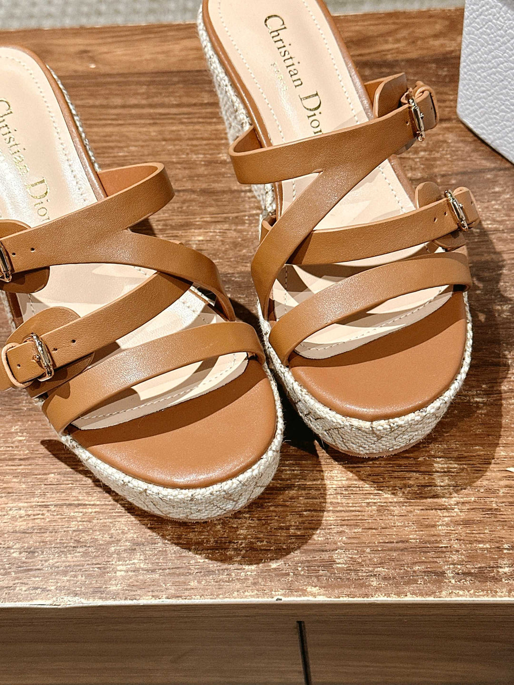 DIOR ATTITUDE WEDGE SLIDE 90MM IN BROWN ADJUSTABLE STRAPS CALFSKIN CANVAS SOLE