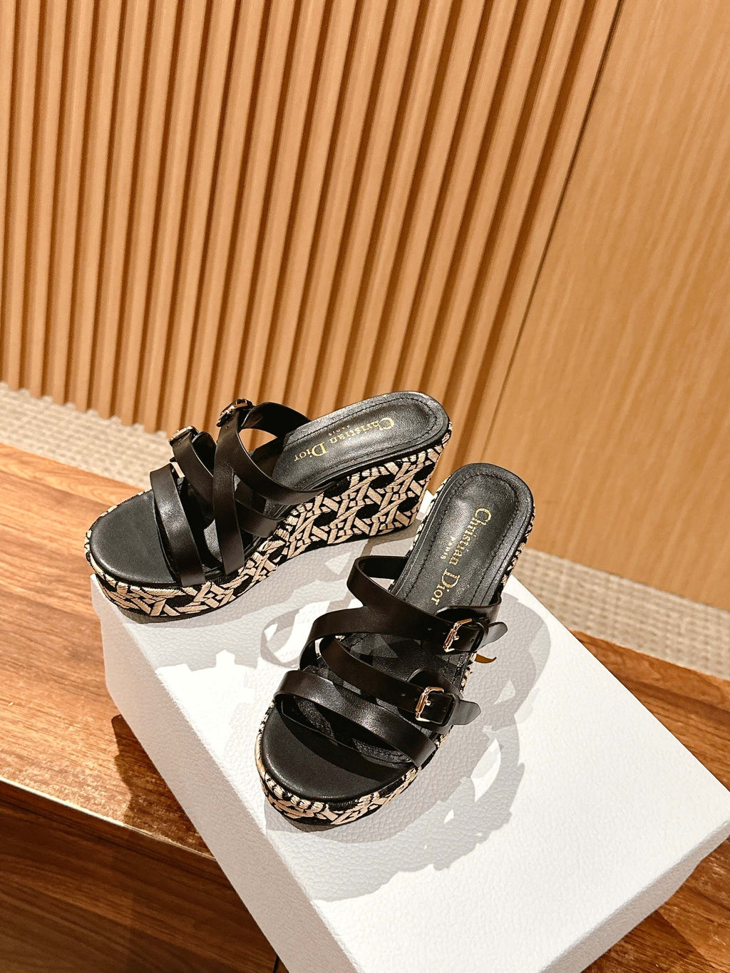 DIOR ATTITUDE WEDGE SLIDE 90MM IN BLACK ADJUSTABLE STRAPS CALFSKIN CANVAS SOLE