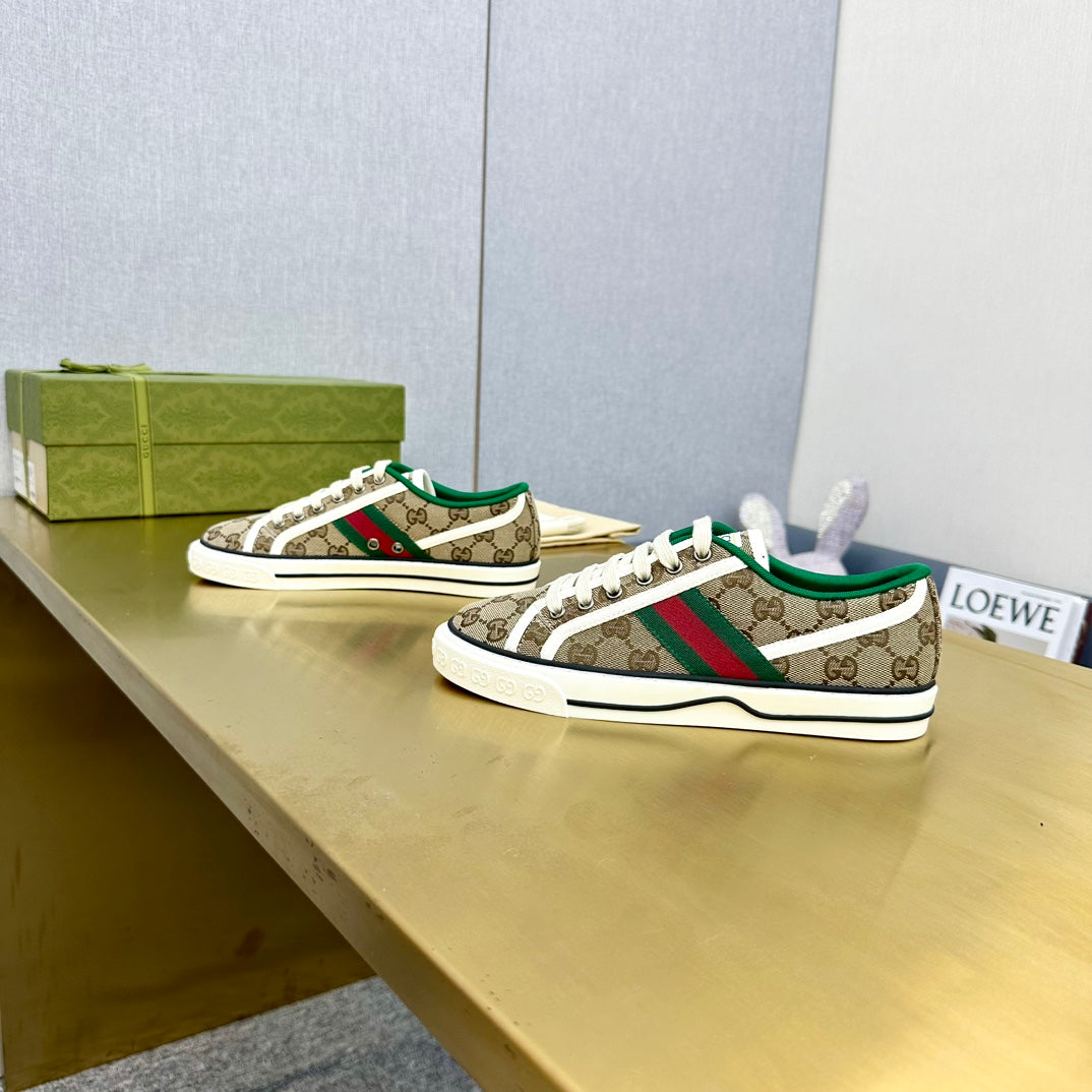 GUCCI TENNIS 1977 TRAINER LIGHT BROWN CANVAS WITH BLACK TRIM
