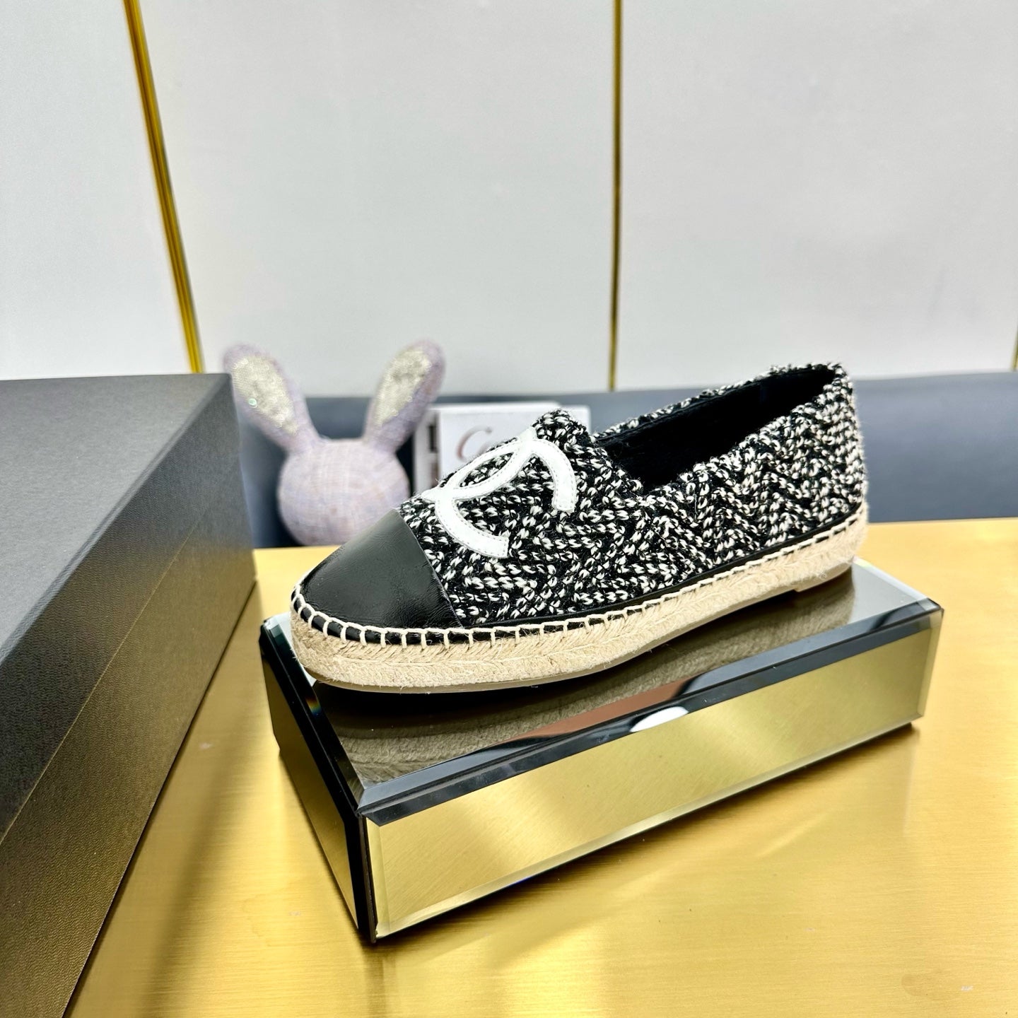 CHANEL ESPADRILLES PLATFORM 25S IN BLACK MIX WHITE TWEED