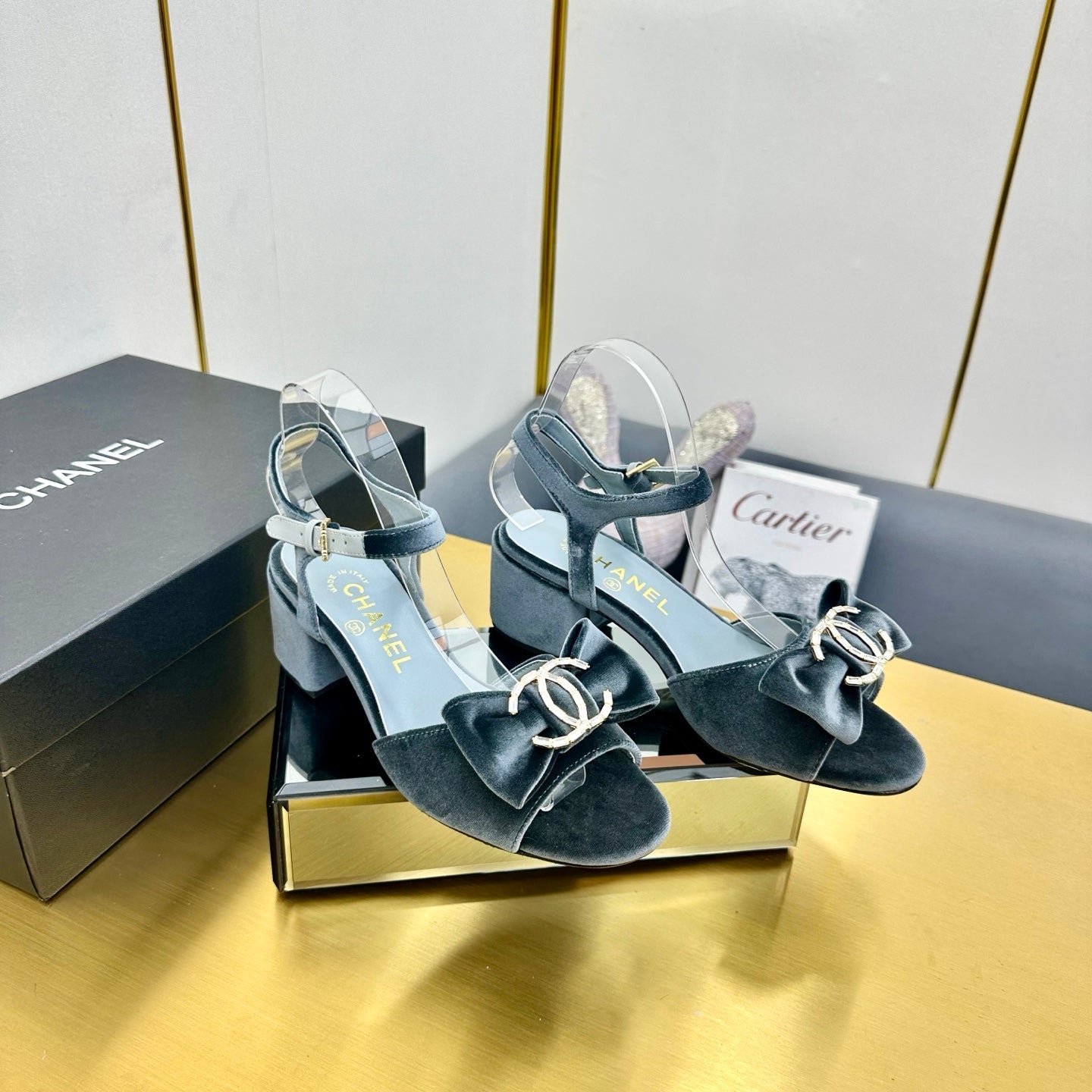 CHANEL BOWKNOT RHINESTONES MID HEEL SANDAL IN STONE BLUE VELVET