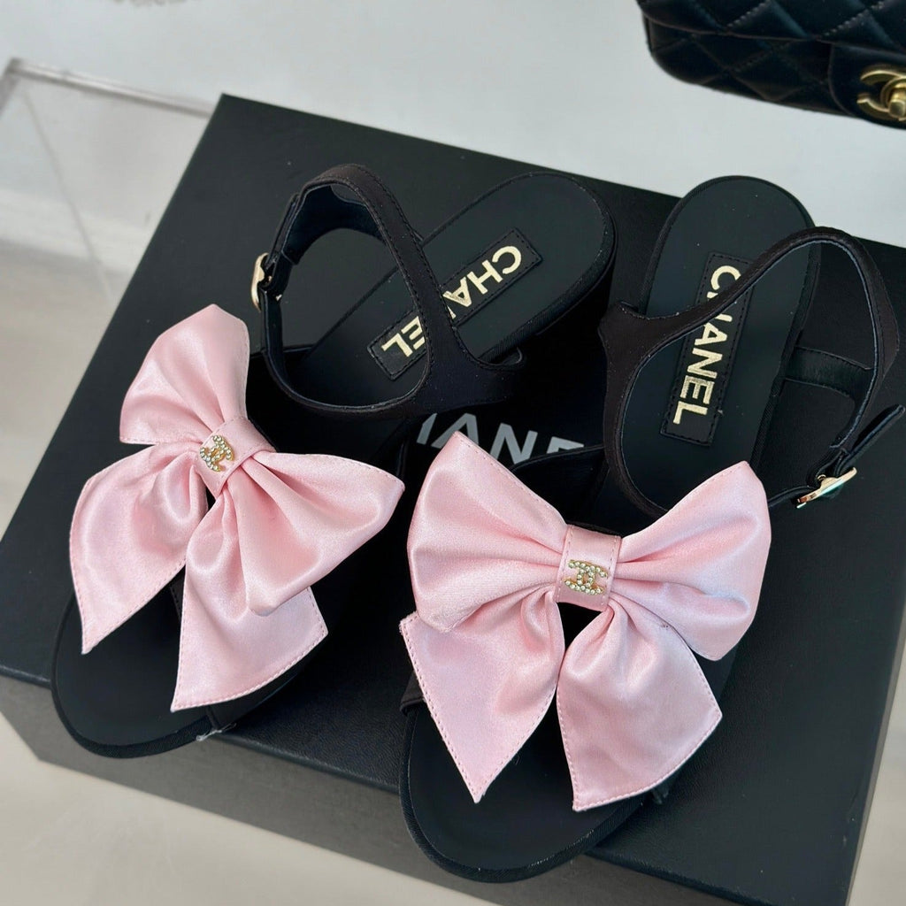 CHANEL Double  Big Bow High Sandal Sheepskin Light Pink/ Black