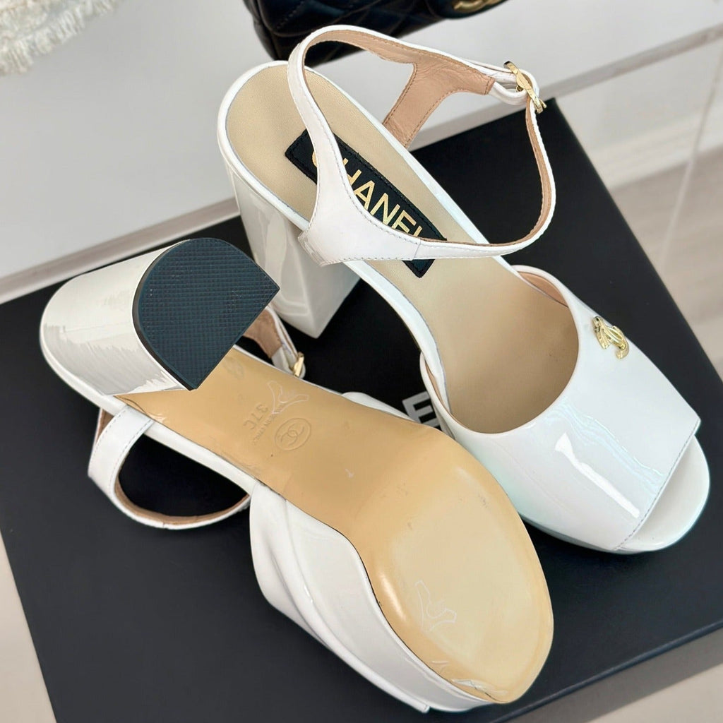 CHANEL Double C High Heel Sandals White Leather