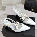CHANEL CHAIN BOW HIGH HEEL 8 CM SLINGBACKS IN WHITE SUEDE