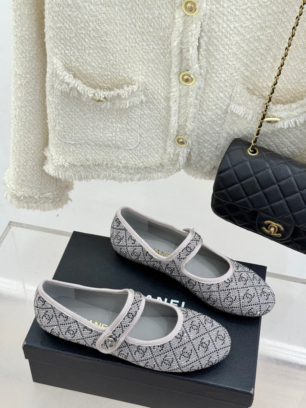 CHANEL FLAT MARY JANE 25SS IN GREY EMBELLISHED WITH RHINESTONES
