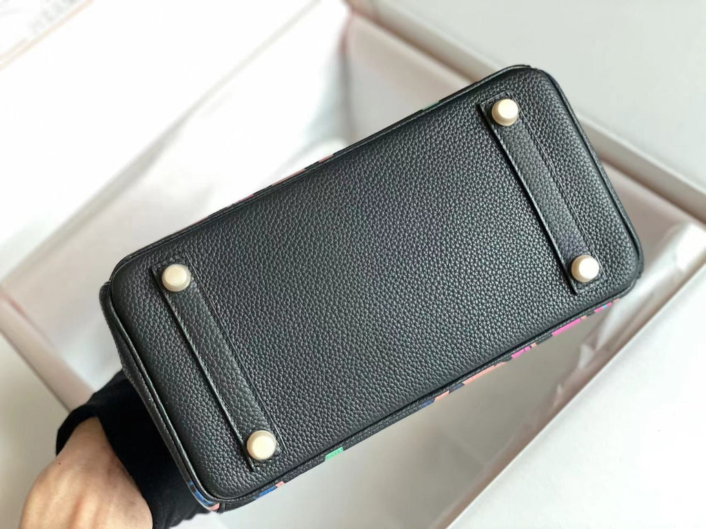 HERMES BIRKIN 25 BAG IN BLACK CALFSKIN WITH COLORFUL STICKER