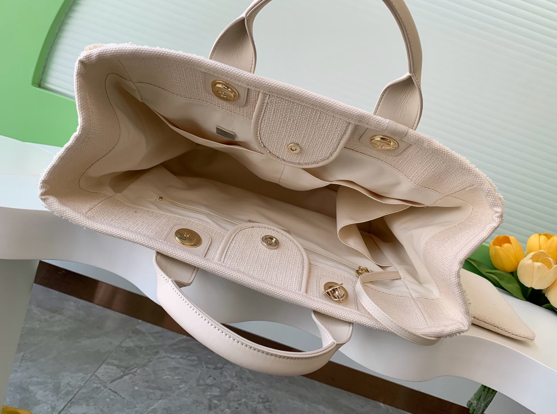 CHANEL SHOPPING BAG 38 IN WHITE BLUE AND YELLOW CANVAS