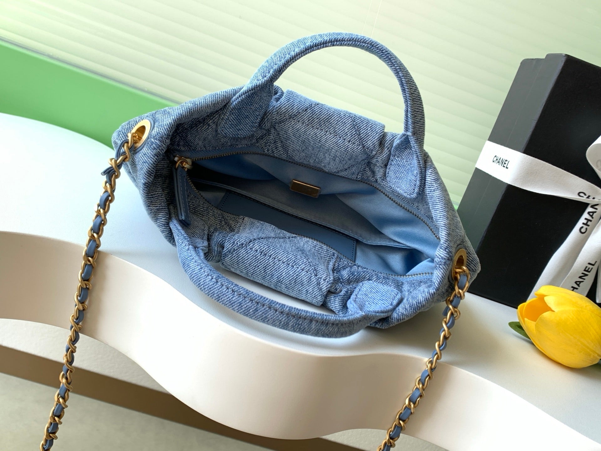 CHANEL 25S MAXI BOW BAG 26 IN BLUE DENIM WITH GOLD HARDWARE