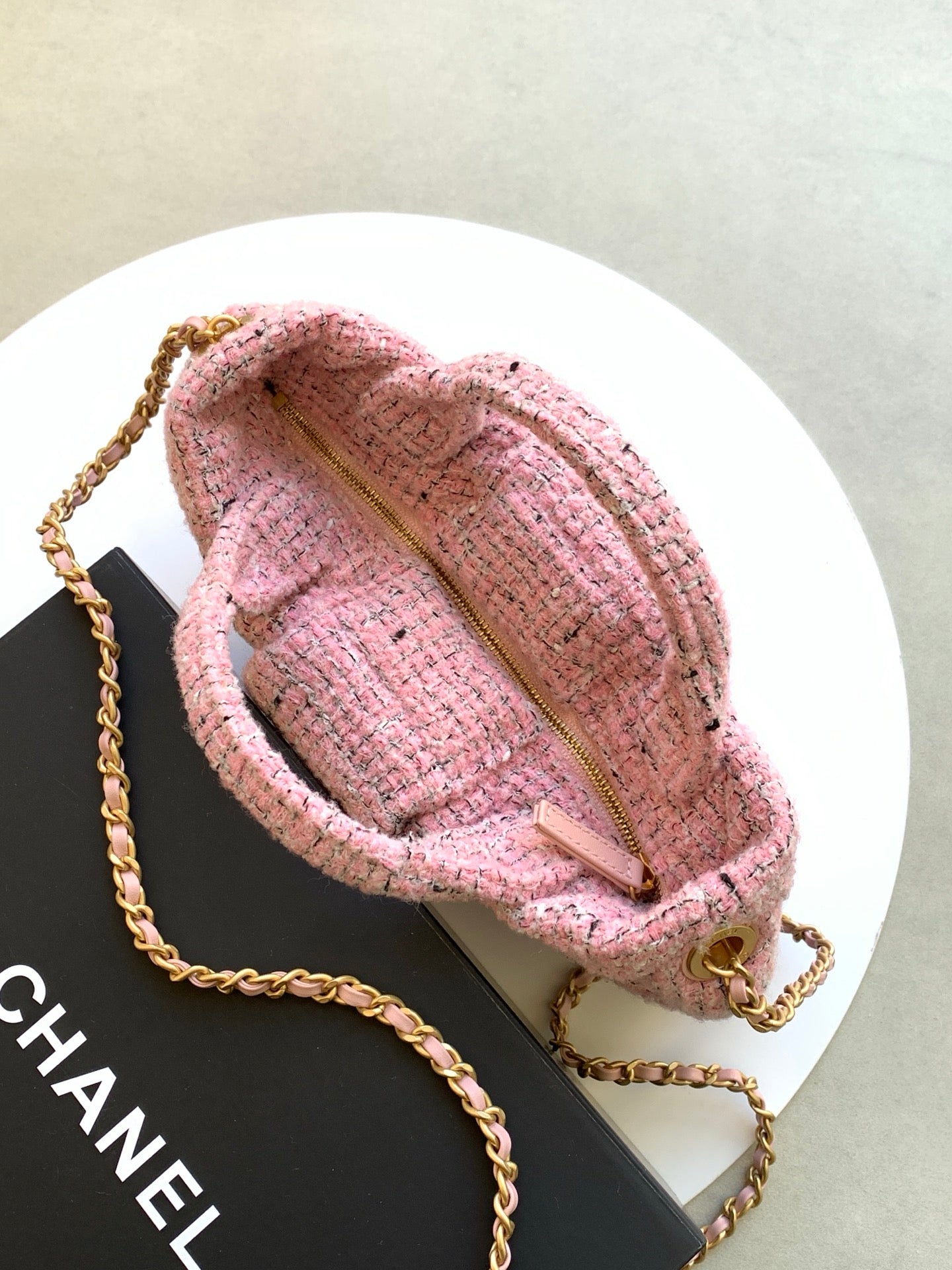 CHANEL 25S BOW BAG 26 IN PINK TWEED WITH GOLD HARDWARE