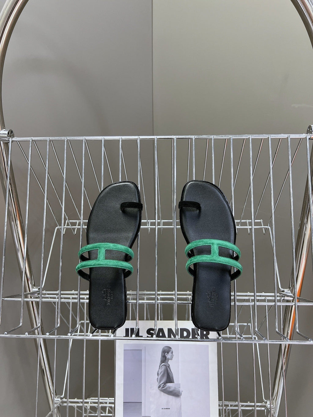 HERMES Georgia Sandals Teal Suede Black Calfskin