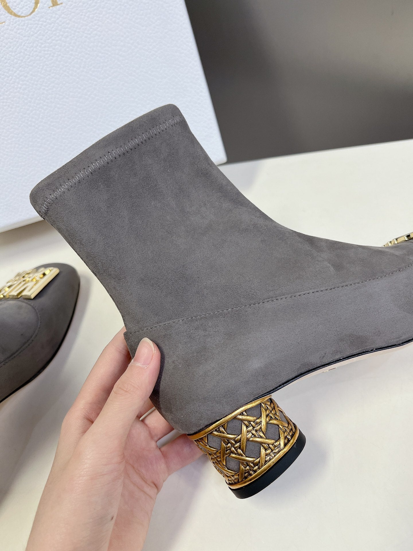 DIOR ICON HEELED ANKLE BOOT DOVE GRAY SUEDE 4 CM WITH GOLD LOGO