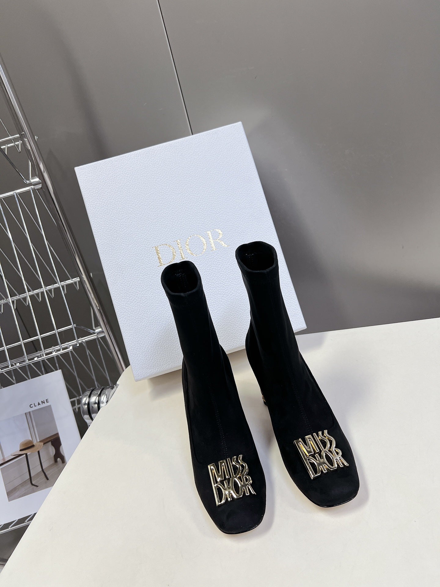 DIOR ICON HEELED ANKLE BOOT BLACK SUEDE 8 CM WITH GOLD LOGO