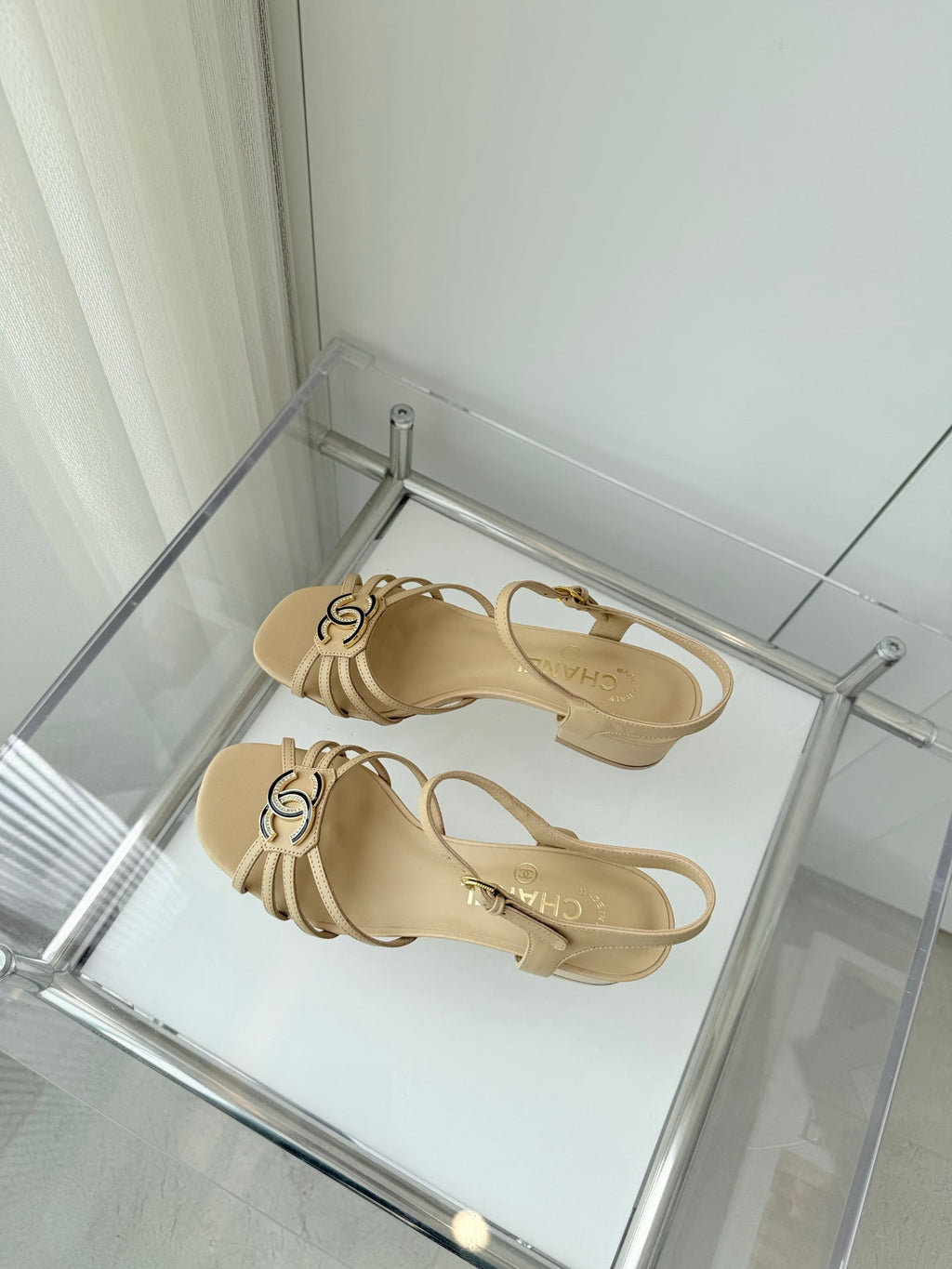 CHANEL MID HEEL SANDALS IN FLAX YELLOW LAMBSKIN