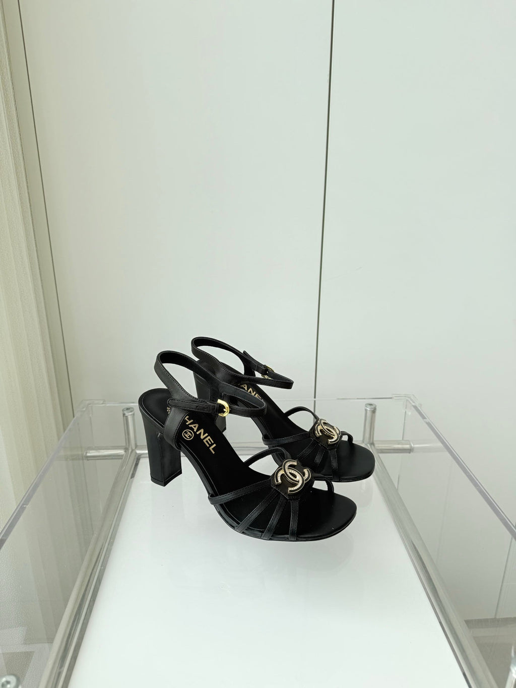 CHANEL HIGH HEEL SANDALS 85 MM IN BLACK LAMBSKIN