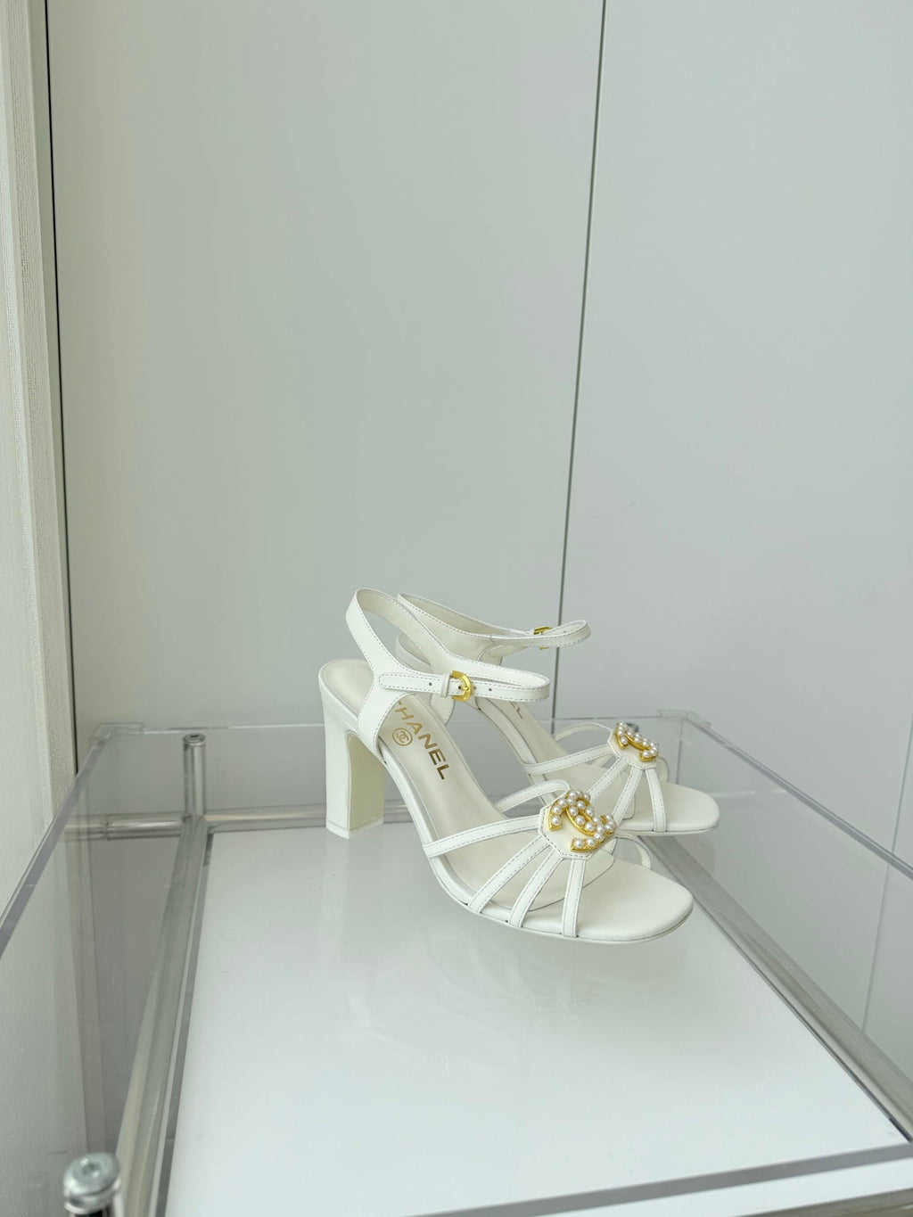 CHANEL HIGH HEEL SANDALS 85 MM IN WHITE LAMBSKIN