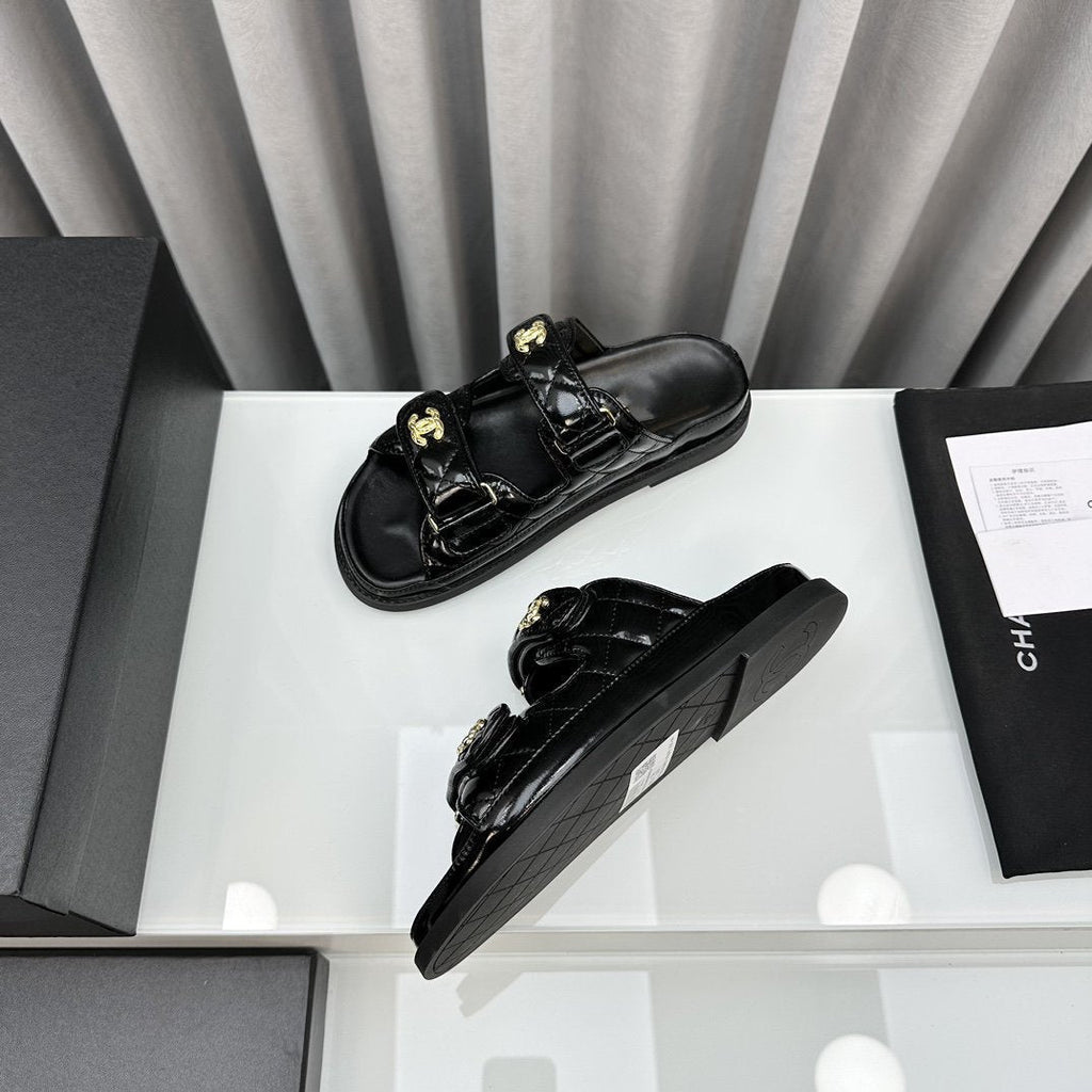 CHANEL DAD SANDALS BLACK PATENT LAMBSKIN MULES