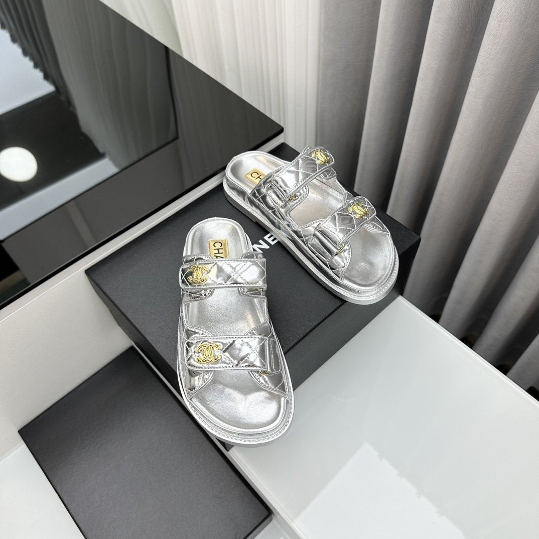 CHANEL dad sandals silver metalic lambskin mules