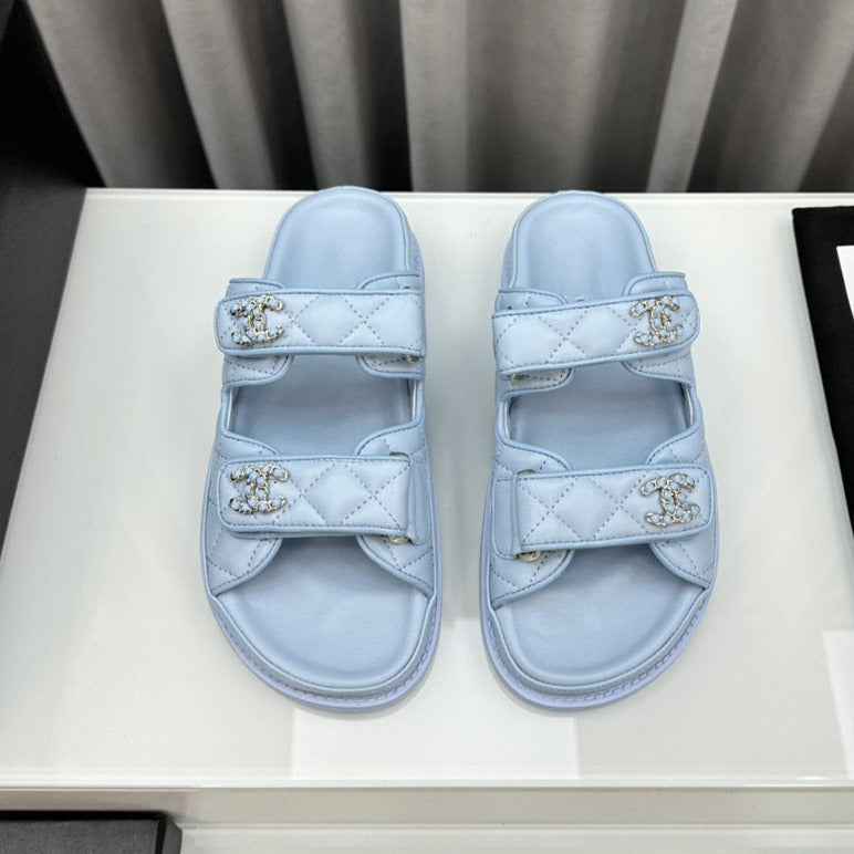 CHANEL dad sandals cloud blue lambskin mules