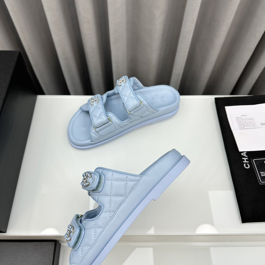 CHANEL dad sandals cloud blue lambskin mules
