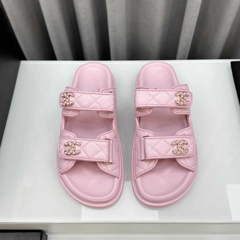 CHANEL dad sandals pink lambskin mules