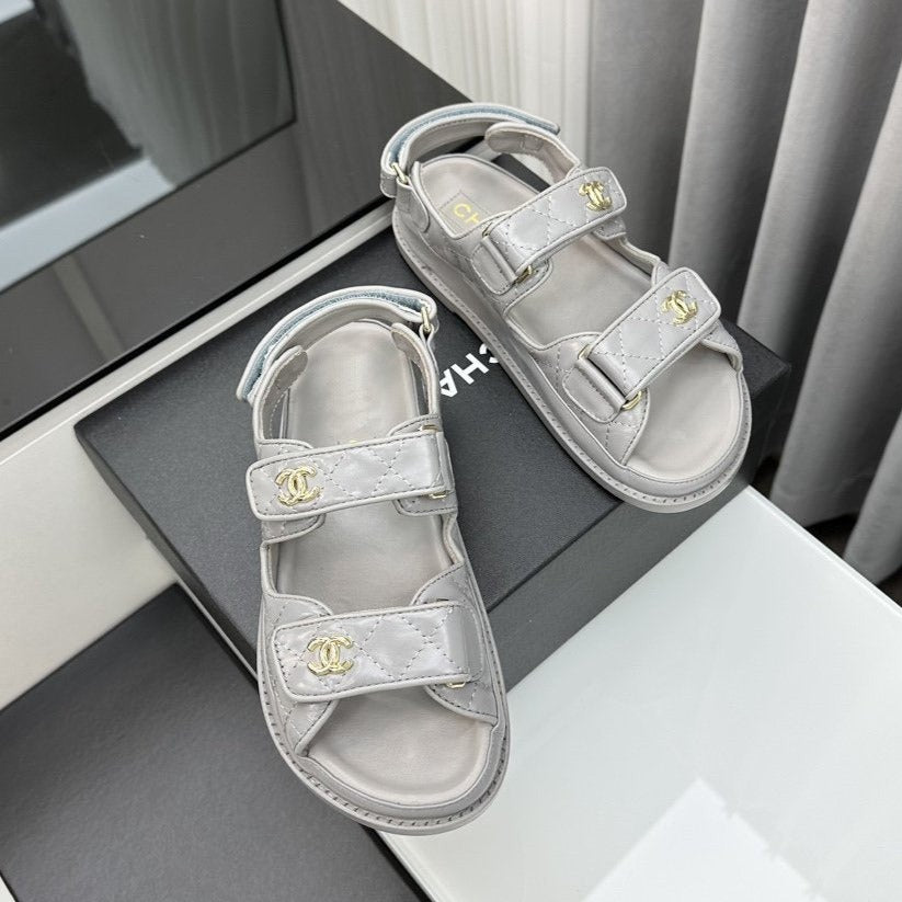 CHANEL dad sandals grey patent lambskin