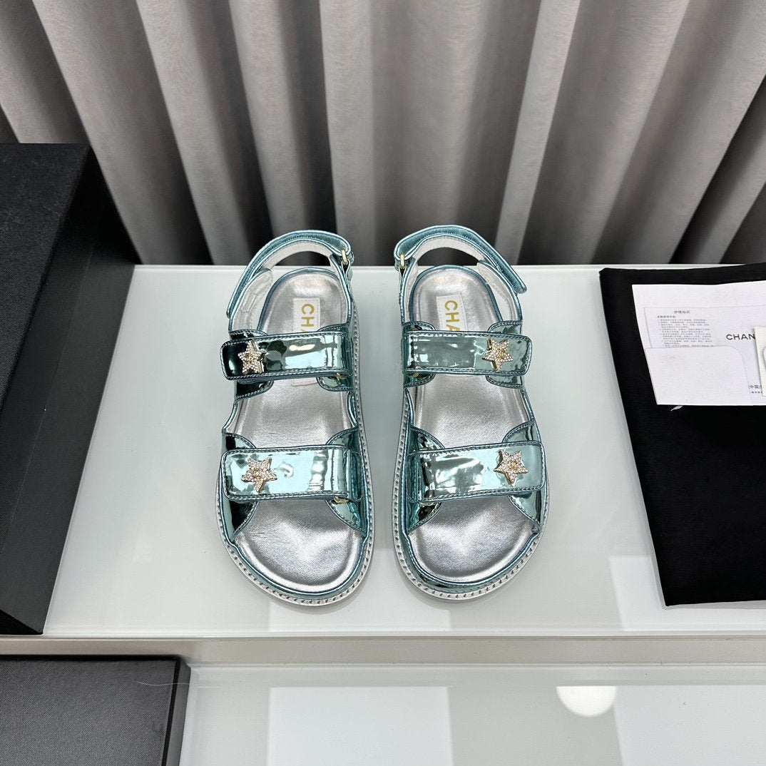 CHANEL dad sandals cloud blue metalic lambskin