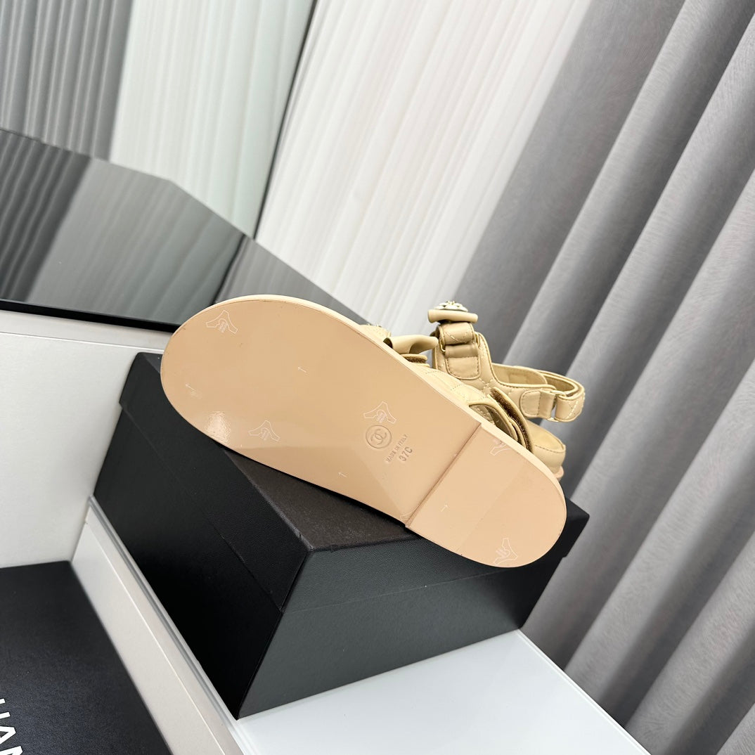 CHANEL dad sandals beige bow tie lambskin