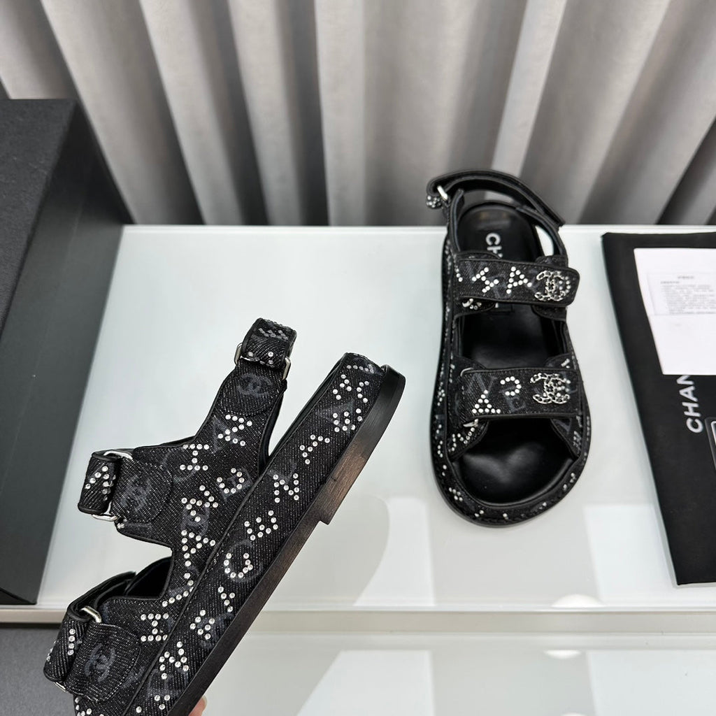 CHANEL dad sandals black denim mules