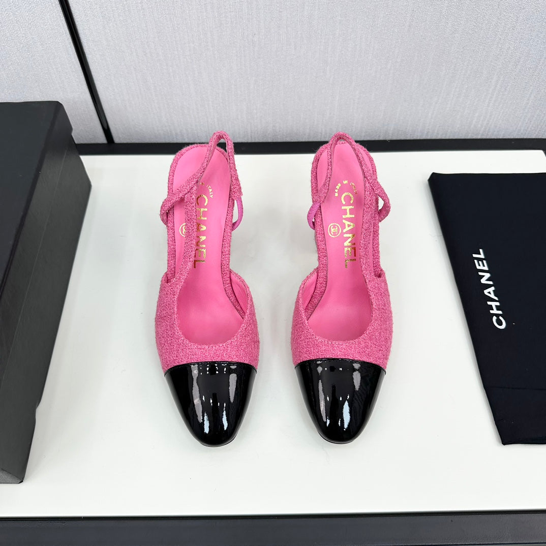 CHANEL HIGH SLINGBACK BRIGHT PINK TWEED AND BLACK CALFSKIN