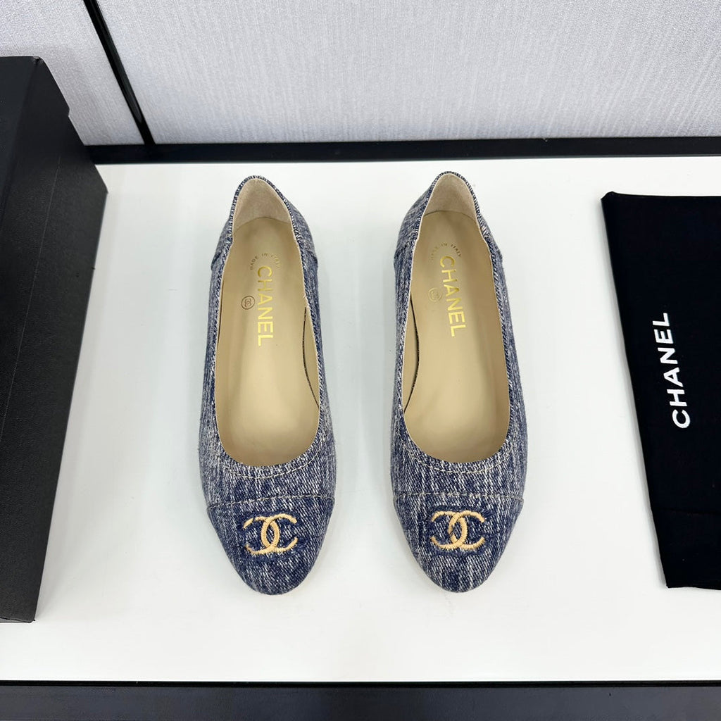 CHANEL ballet flat blue with white stripe denim 166816