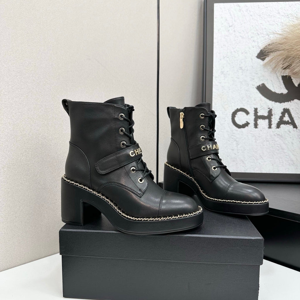 CHANEL 25S LACE-UP HEELED ANKLE BOOTS IN BLACK CALFSKIN