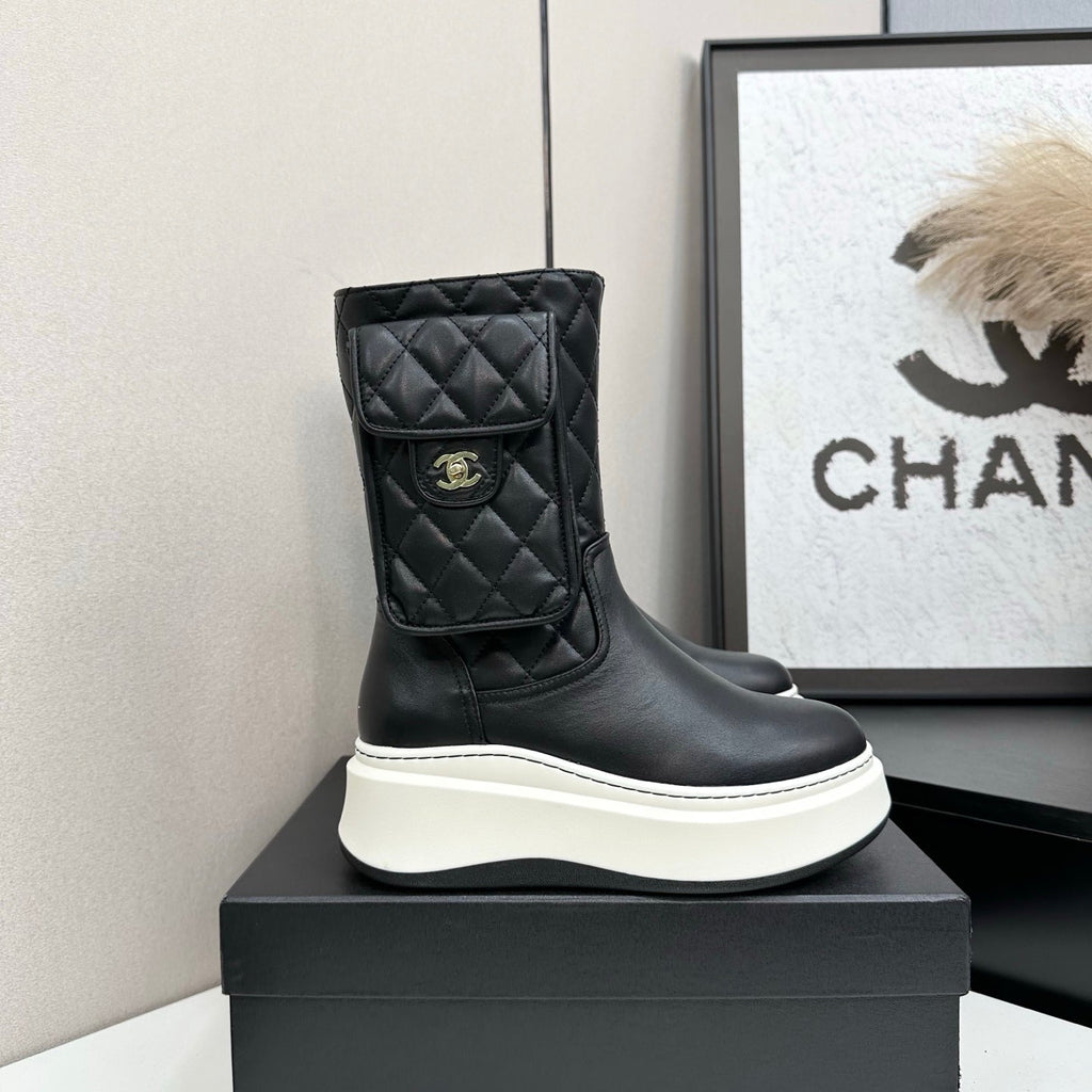 CHANEL 25S WEDGE ANKLE BOOTS IN BLACK CALFSKIN SILVER HARDWARE