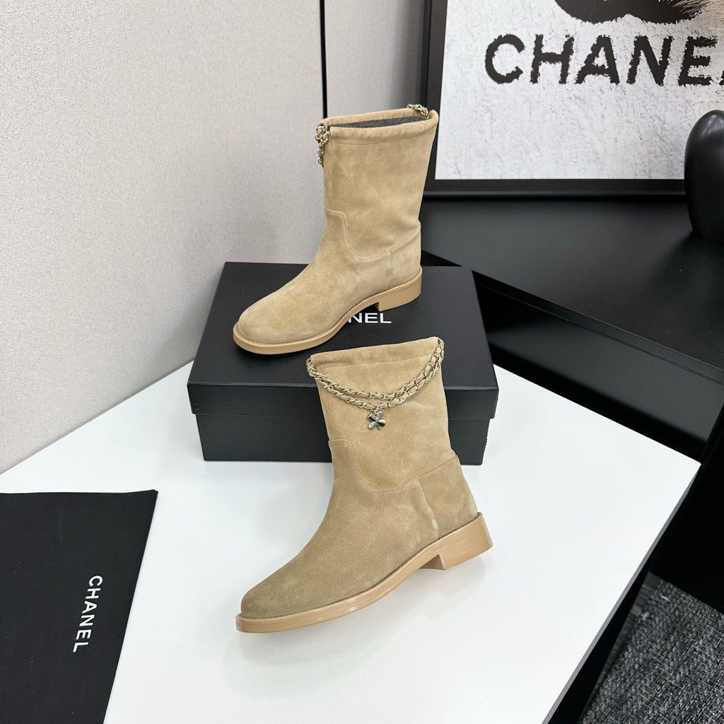 CHANEL 25S SHORT BOOTS IN LIGHT GOLD SUEDE SILVER HARDWARE