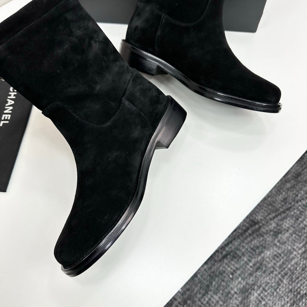 CHANEL 25S SHORT BOOTS IN BLACK SUEDE SILVER HARDWARE