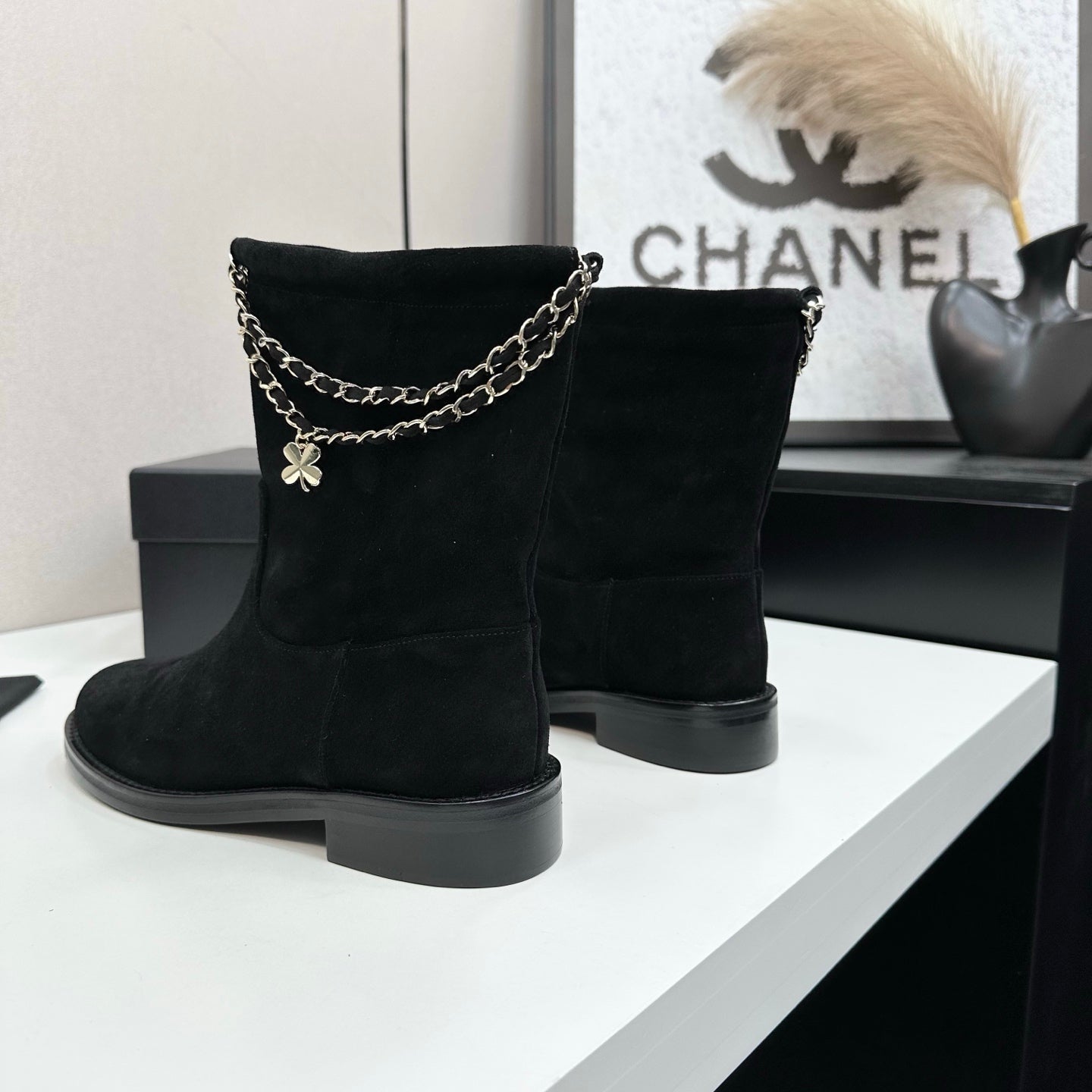 CHANEL 25S SHORT BOOTS IN BLACK SUEDE SILVER HARDWARE