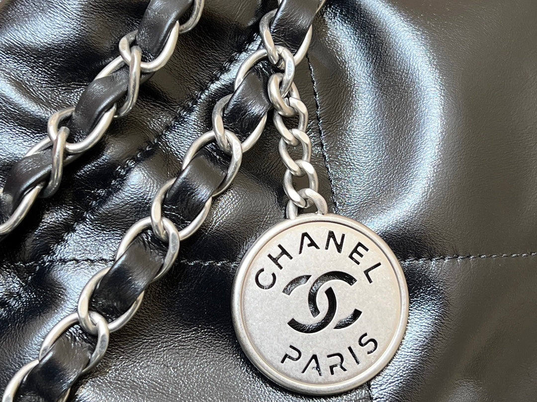 CHANEL 19 HOBO BAG 43CM BLACK GOATSKIN SILVER HARDWARE