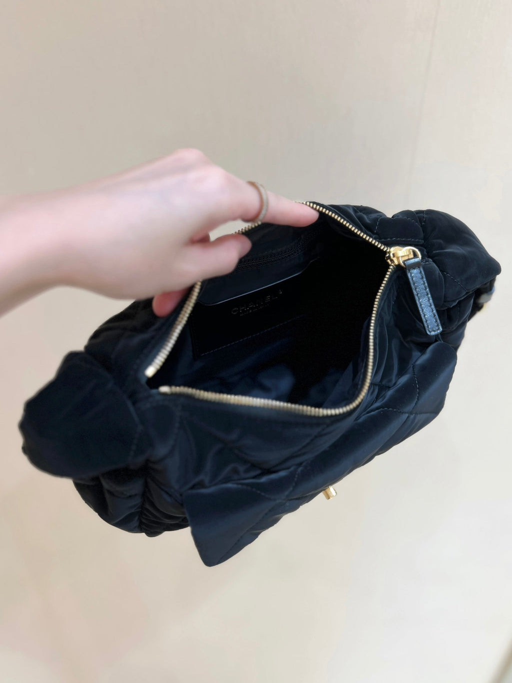 CHANEL HOBO BAG 32 IN BLACK NYLON WITH GOLD METAL