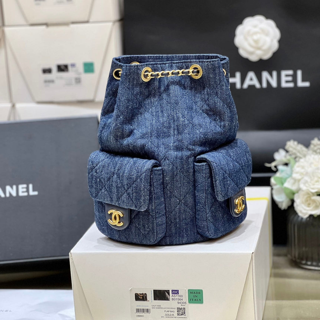 CHANEL DRAWSTRING BUCKET BACKPACK 24 IN DARK BLUE DENIM GOLD HARDWARE