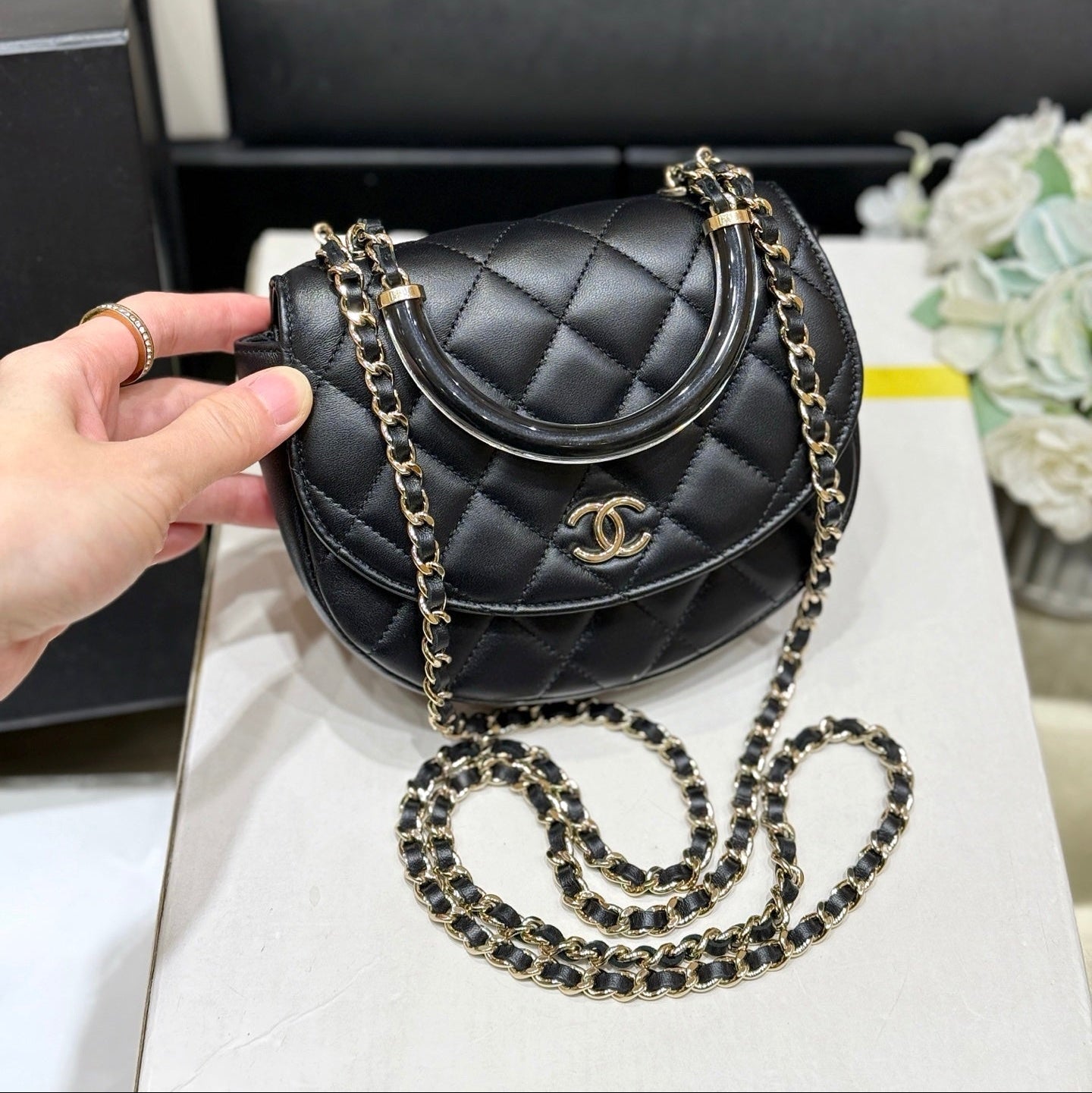 CHANEL QUILTED TOP HANDLE BAG 16 IN BLACK LAMBSKIN GOLD HARDWARE