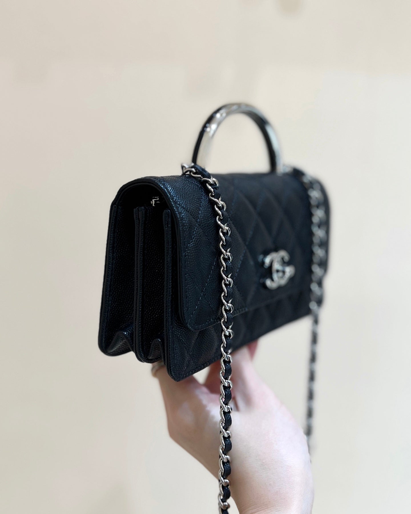 CHANEL FLAP BAG WITH SILVER-TONE HANDLE 18 IN BLACK LAMBSKIN