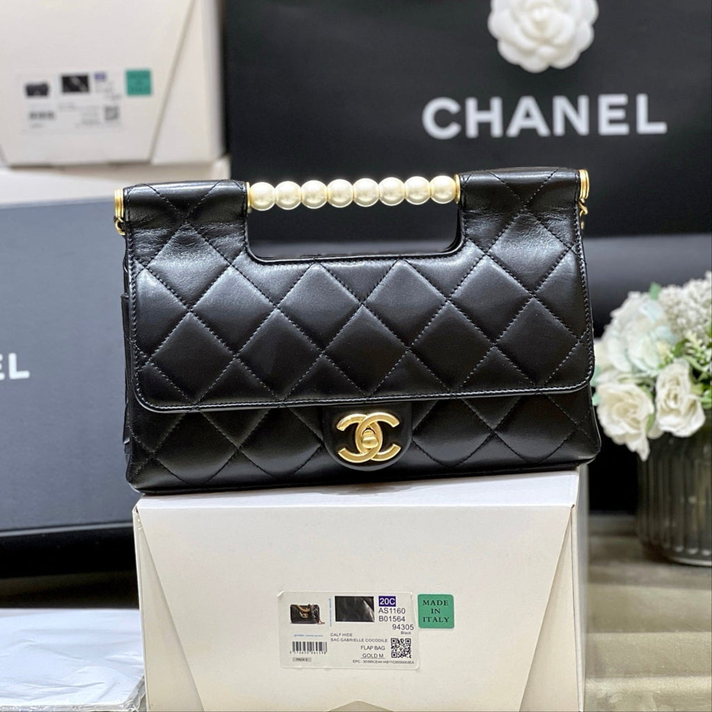 CHANEL PEARL TOP HANDLE BAG 25 IN BLACK LAMBSKIN GOLD HARDWARE
